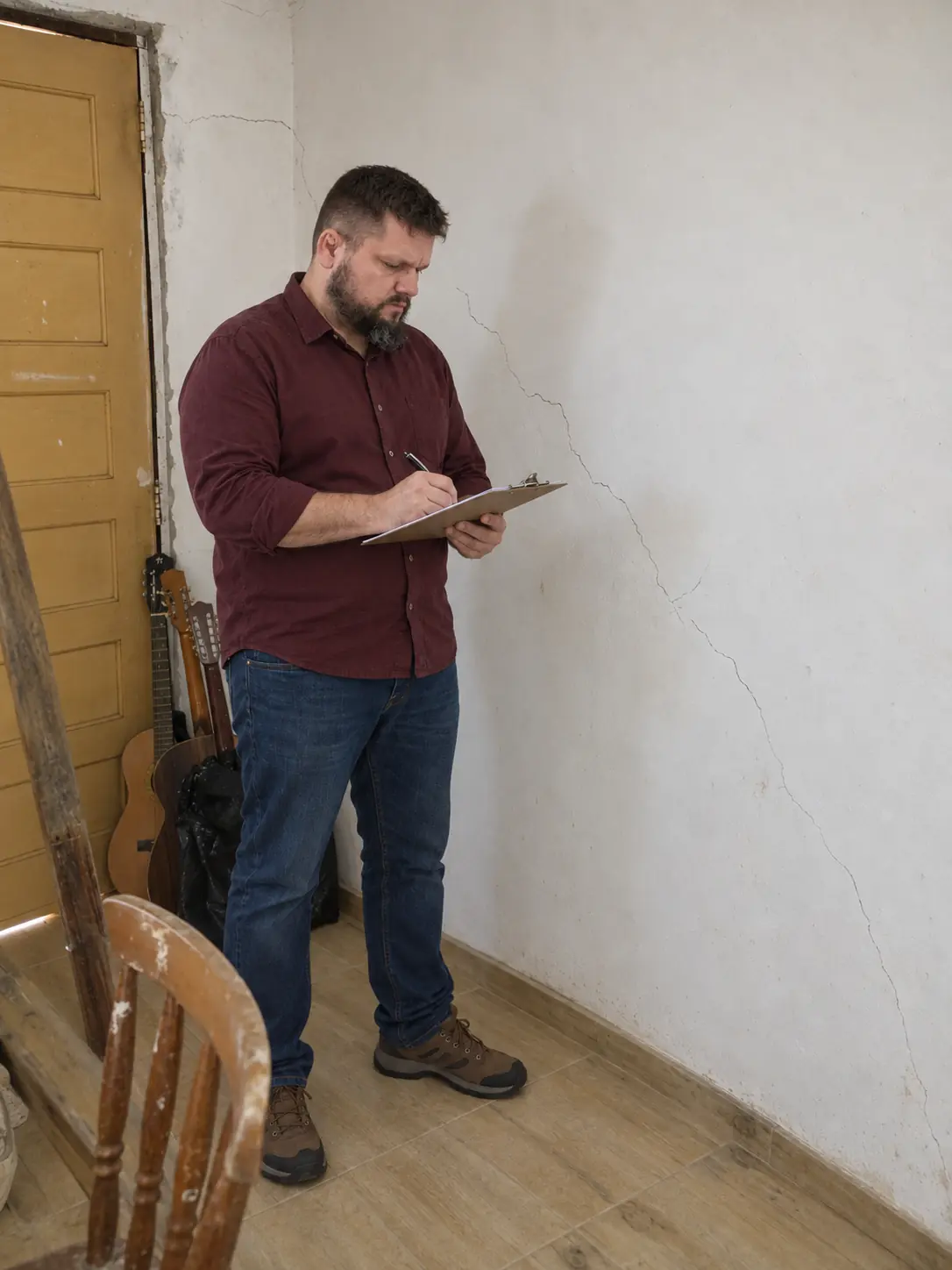 João Felipe von Mühlen registrando uma fissura durante vistoria técnica em edificação